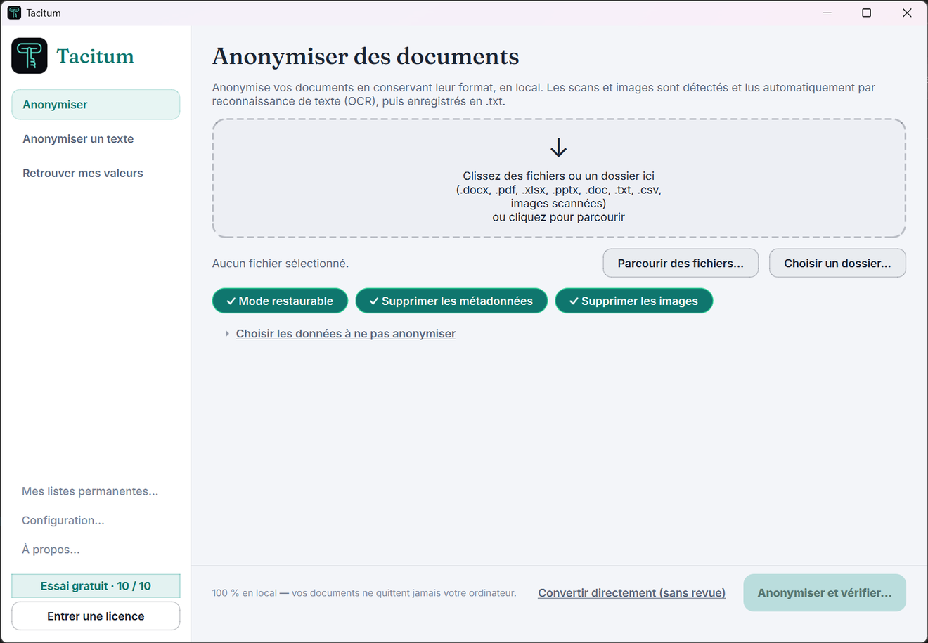 Tacitum window, Anonymise page: file drop zone and options