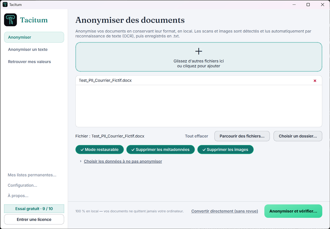 Tacitum with a Word file loaded, ready to anonymise