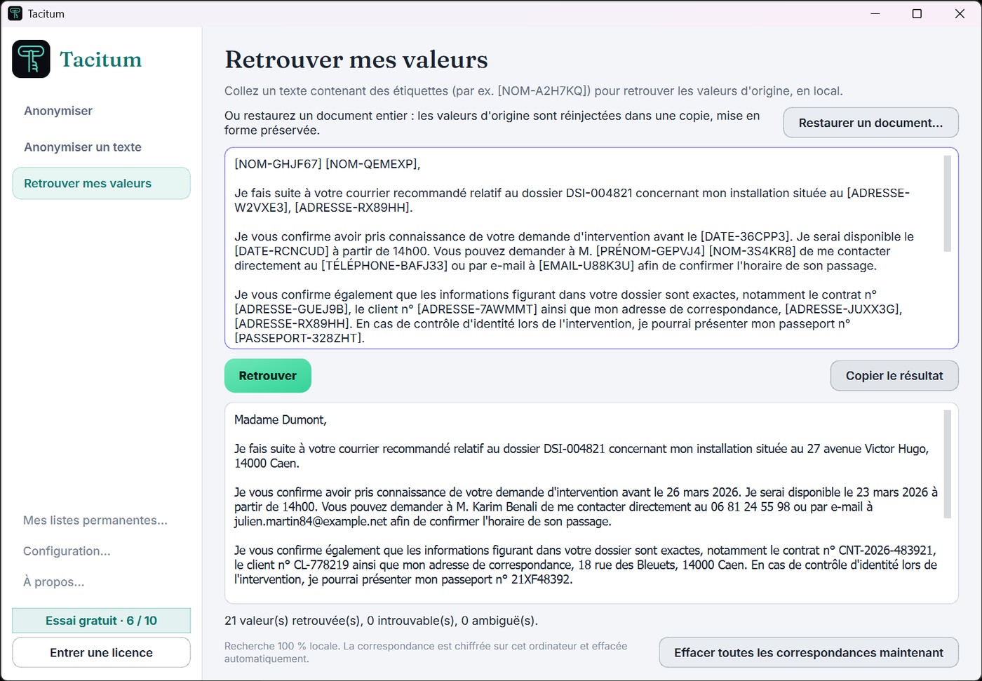 Recover my values page: answer with labels at the top, restored clear text below