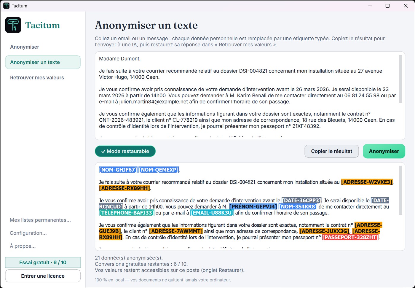 Anonymise text page: an e-mail pasted at the top, its coloured anonymised version below
