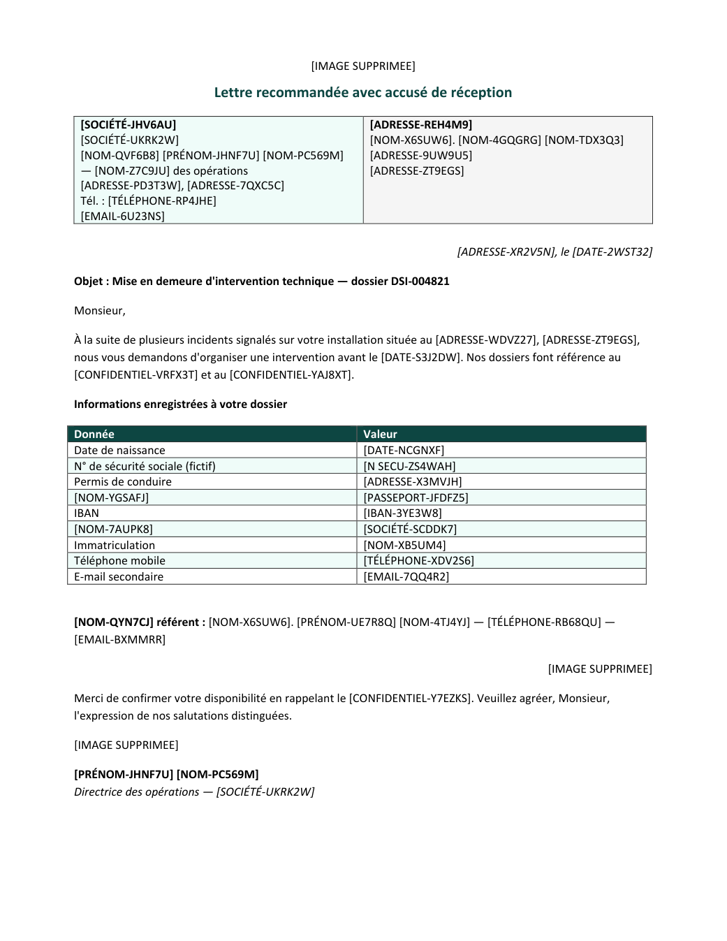 The same letter anonymised: layout preserved, data replaced by labels, images removed