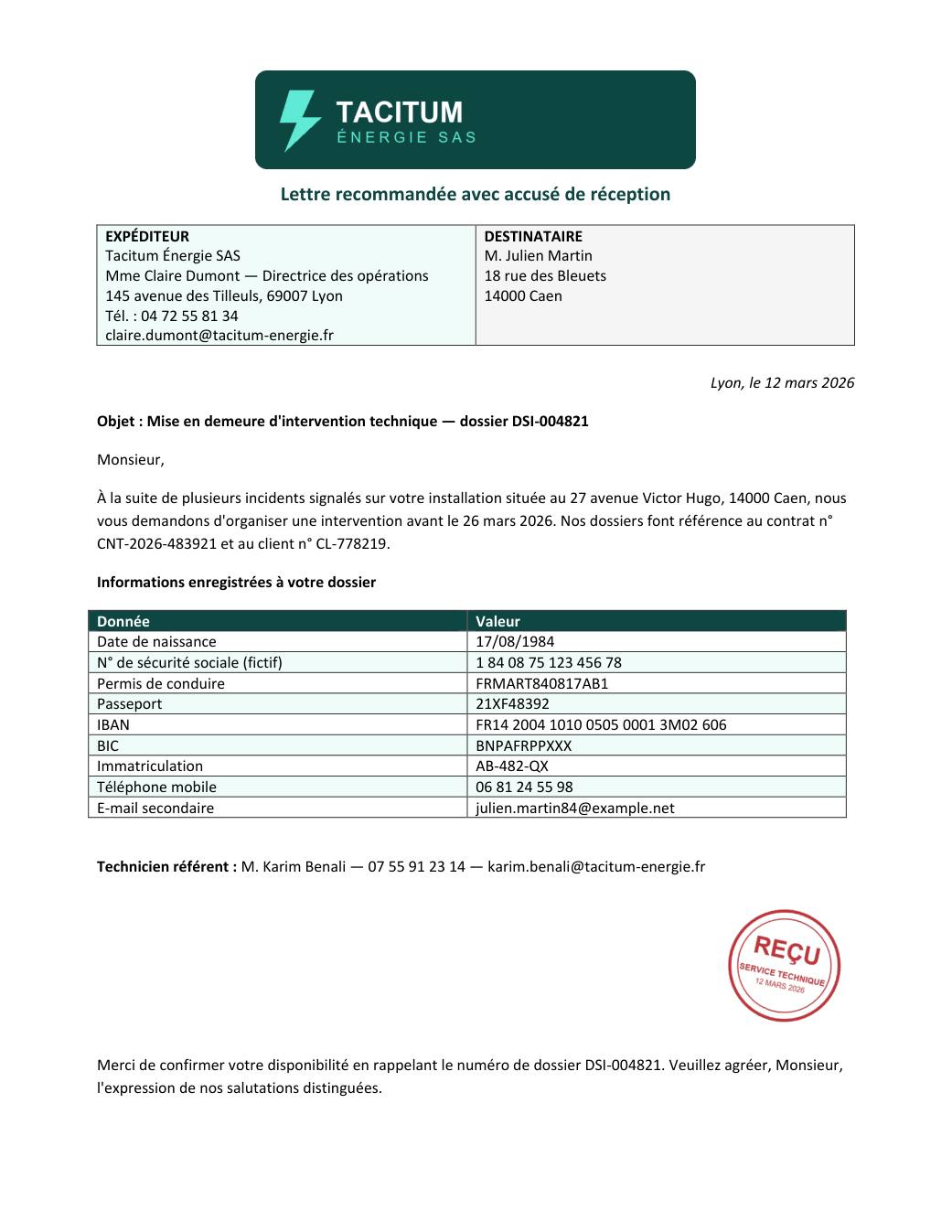 Original Word letter: logo, contact details, table of personal data, stamp, signature